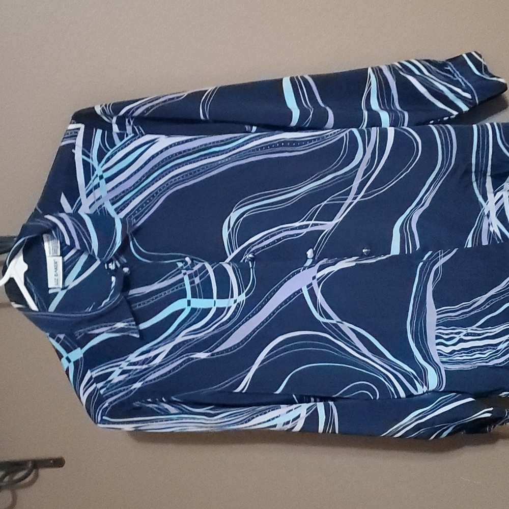 Liz Baker dark blue long sleeve polyester button up blouse women's size med